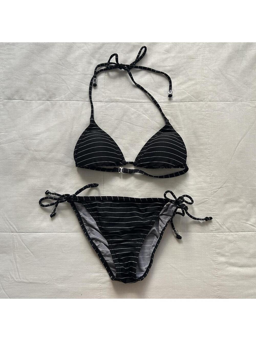 Chloe Black White Striped Triangle Tie Bikini Set Size XS Silver Hardware